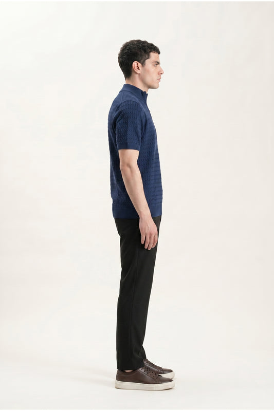 NAVY MOCK NECK CABLE KNIT TEE