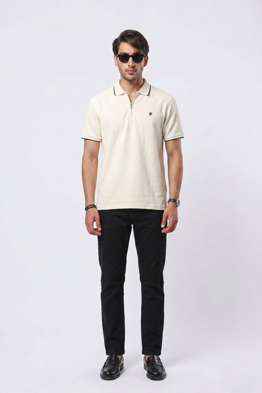 OFF WHITE COTTON TEXTURE ZIP POLO