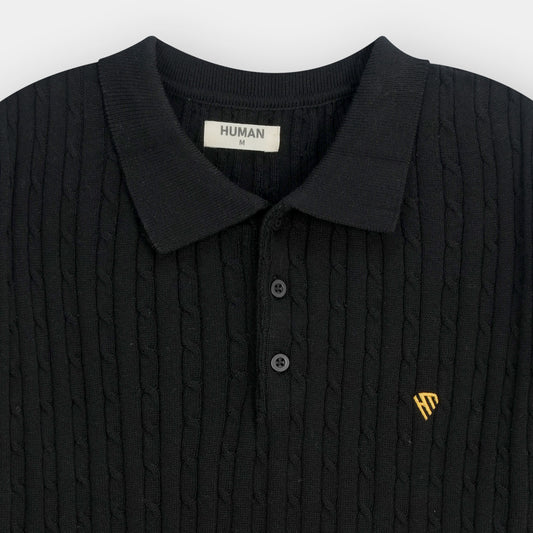 BLACK FINE CABLE KNIT TEXTURE POLO