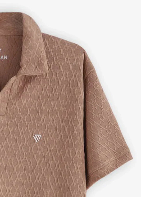OLD MONEY CAMEL BEIGE TEXTURED V NECK POLO
