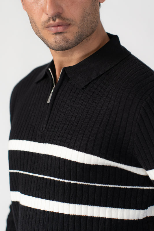BLACK STRIPED HALF ZIP KNITTED SWEATER POLO