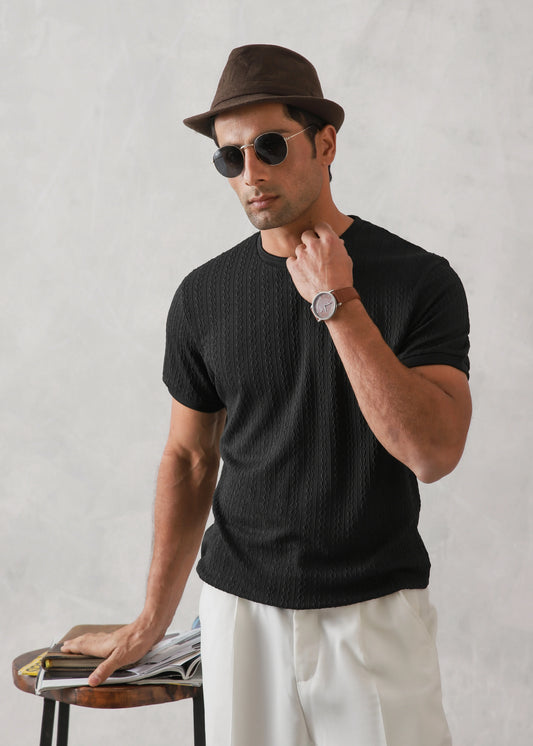 BLACK DROP NEEDLE TEXTURED KNIT TEE