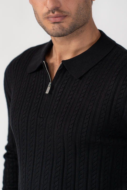 BLACK CABLE KNIT HALF ZIP SWEATER POLO