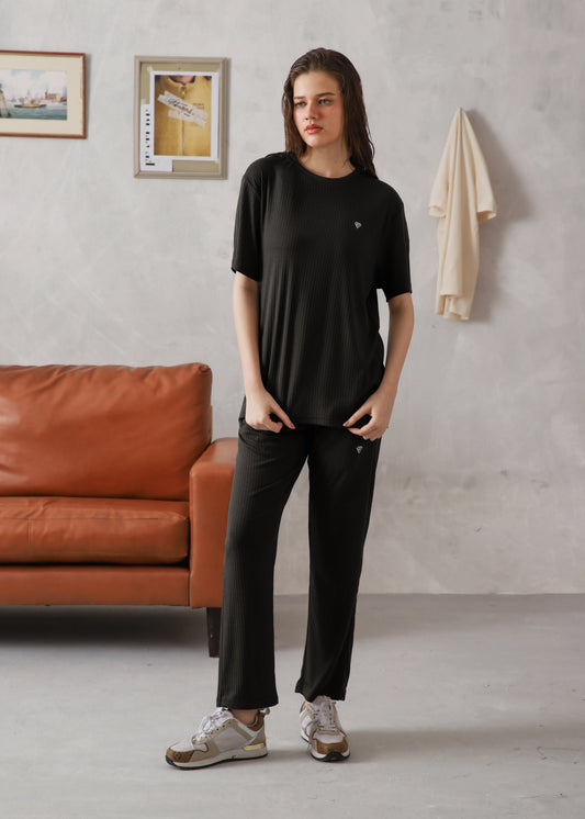 WOMEN BLACK DROP NEEDLE TEXTURED TRACKSUIT