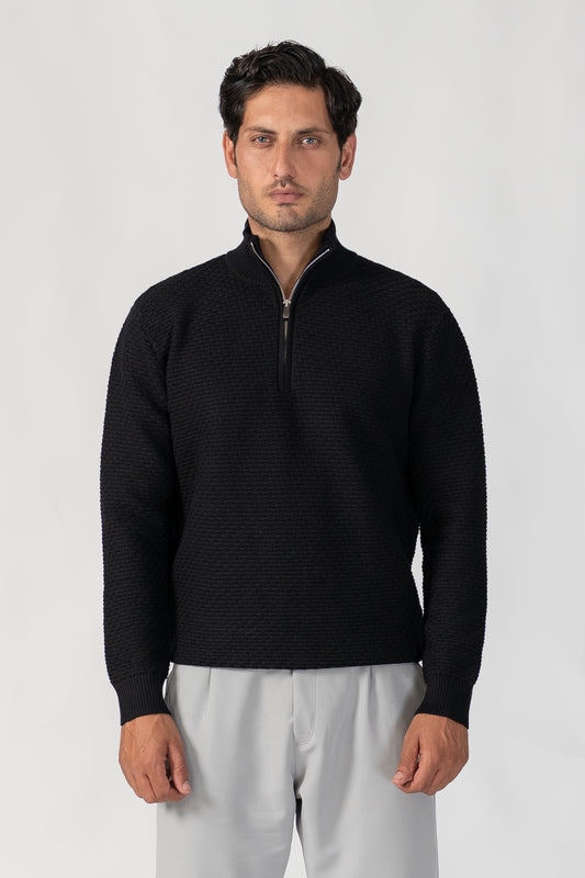 BLACK HIGH NECK HALF ZIP WAFFLE KNIT SWEATER