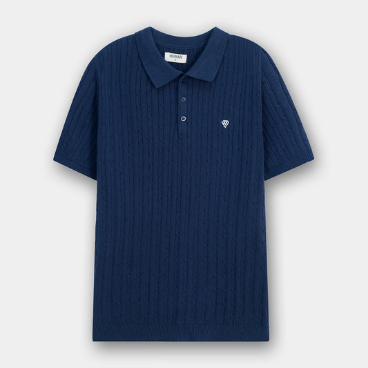 NAVY FINE CABLE KNIT TEXTURE POLO
