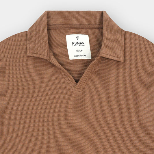 BROWN JOHNNY COLLAR TEXTURE POLO