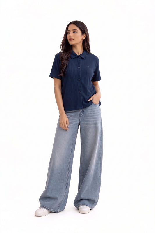 PAGEANT BLUE TEXTURE BOXY FIT SHIRT