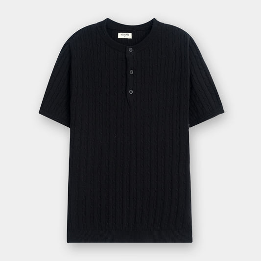 BLACK HENLEY CABLE KNIT TEE