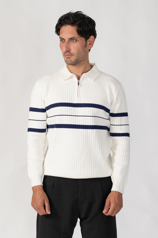 WHITE STRIPED HALF ZIP KNITTED SWEATER POLO