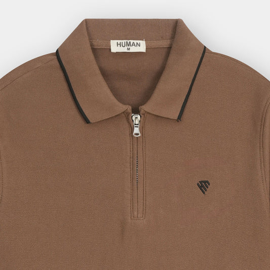 BROWN COTTON TEXTURE ZIP POLO