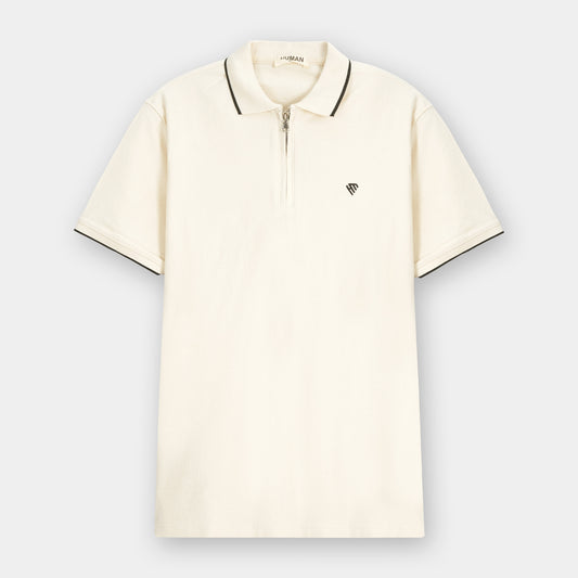 OFF WHITE COTTON TEXTURE ZIP POLO