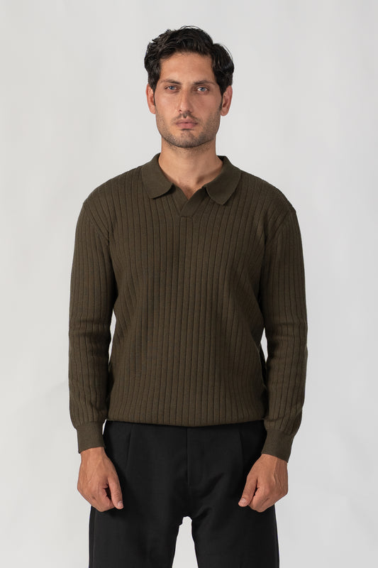 ELITE OLIVE GREEN RIB KNIT SWEATER POLO