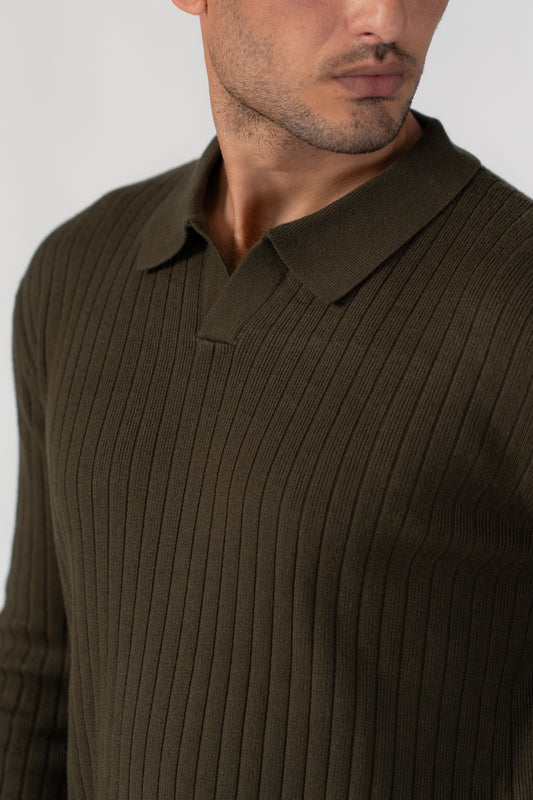 ELITE OLIVE GREEN RIB KNIT SWEATER POLO