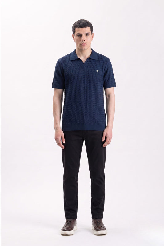 NAVY CABLE KNIT TEXTURE JOHNNY COLLAR POLO