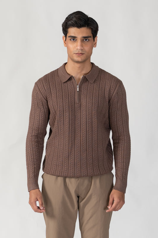 BROWN CABLE KNIT HALF ZIP SWEATER POLO