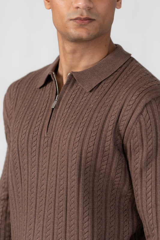 BROWN CABLE KNIT HALF ZIP SWEATER POLO