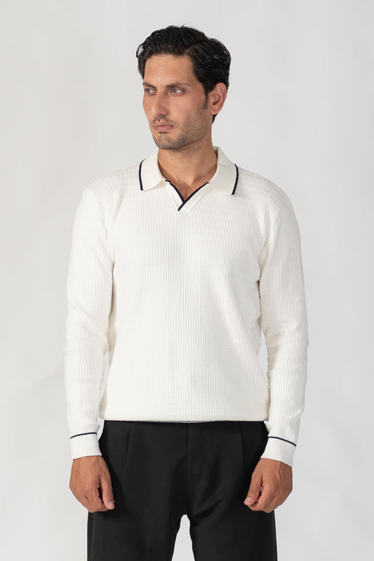 WHITE DROP NEEDLE GRID SWEATER POLO