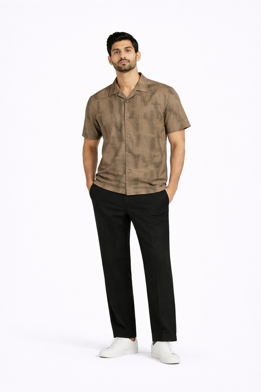 BROWN ABSTRACT PRINTED CUBAN COLLAR SHIRT