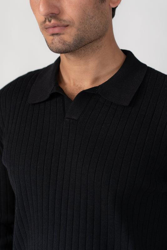 ELITE BLACK RIB KNIT SWEATER POLO