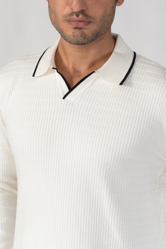 WHITE DROP NEEDLE GRID SWEATER POLO