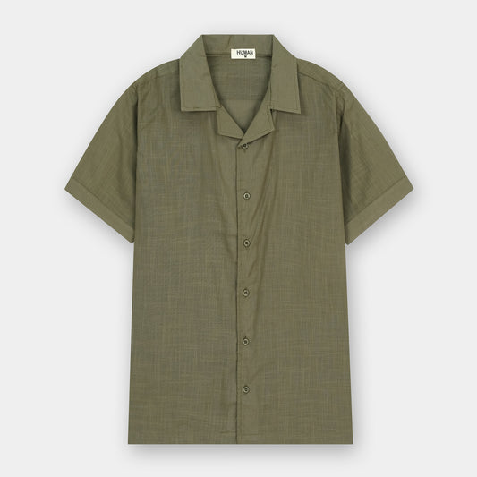 OLIVE IRISH LINEN CUBAN COLLAR SHIRT