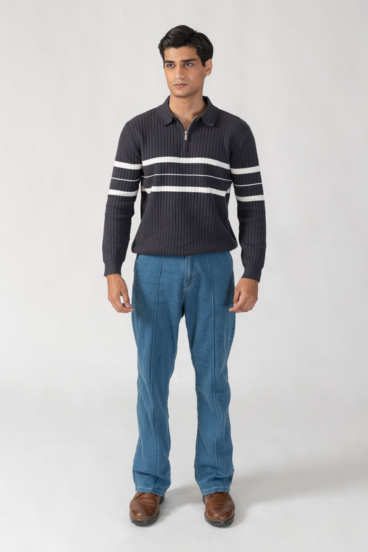 BLUE STRIPED HALF ZIP KNITTED SWEATER POLO