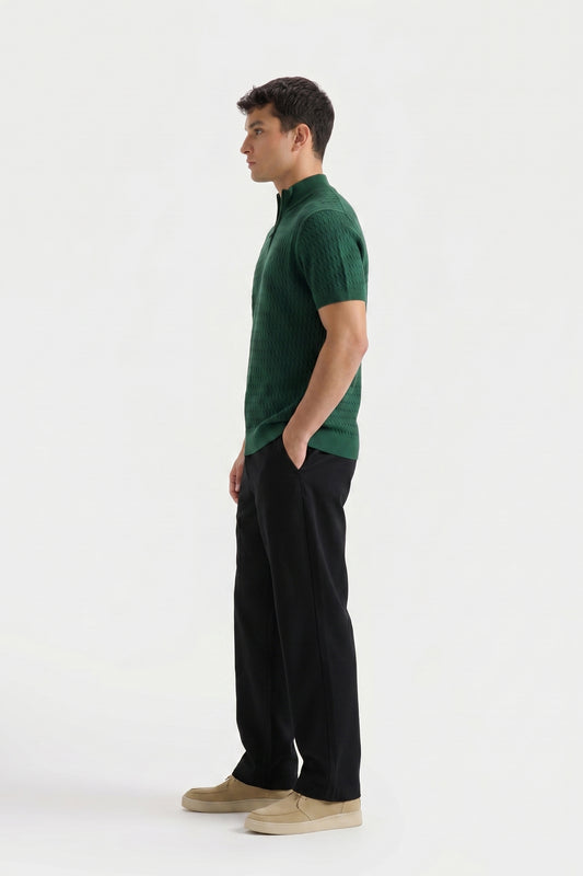 DARK GREEN MOCK NECK CABLE KNIT TEE
