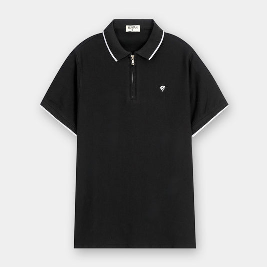 BLACK COTTON TEXTURE ZIP POLO