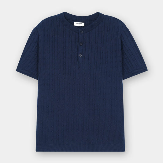 NAVY BLUE HENLEY CABLE KNIT TEE