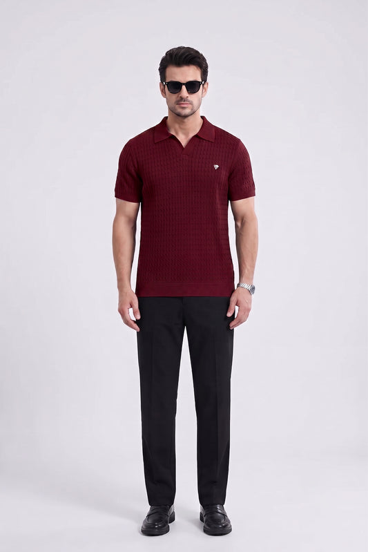 MAROON CABLE KNIT TEXTURE JOHNNY COLLAR POLO