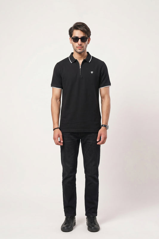 BLACK COTTON TEXTURE ZIP POLO
