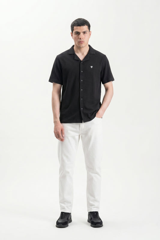 BLACK TEXTURE CUBAN COLLAR SHIRT