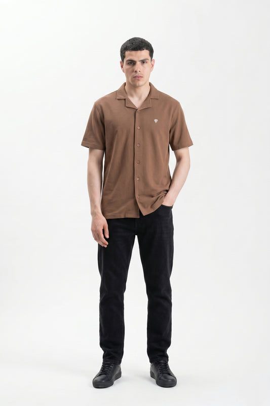 BROWN TEXTURE CUBAN COLLAR SHIRT