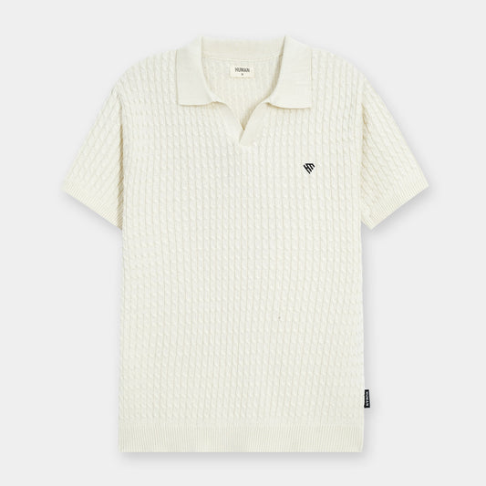 BEIGE CABLE KNIT TEXTURE JOHNNY COLLAR POLO