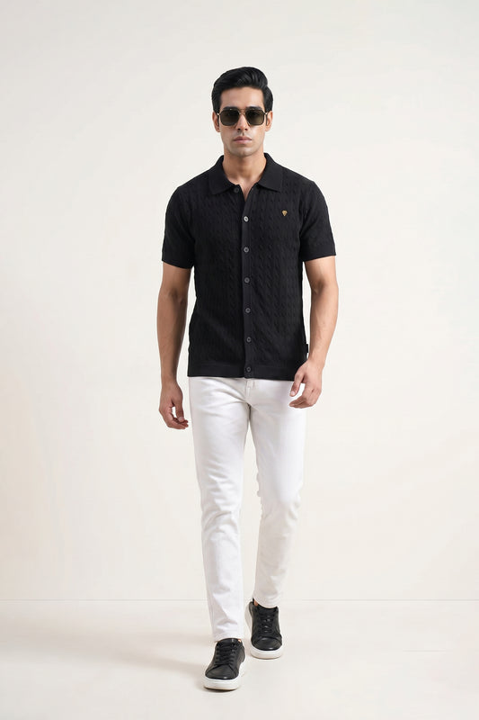 BLACK CABLE KNIT SHIRT