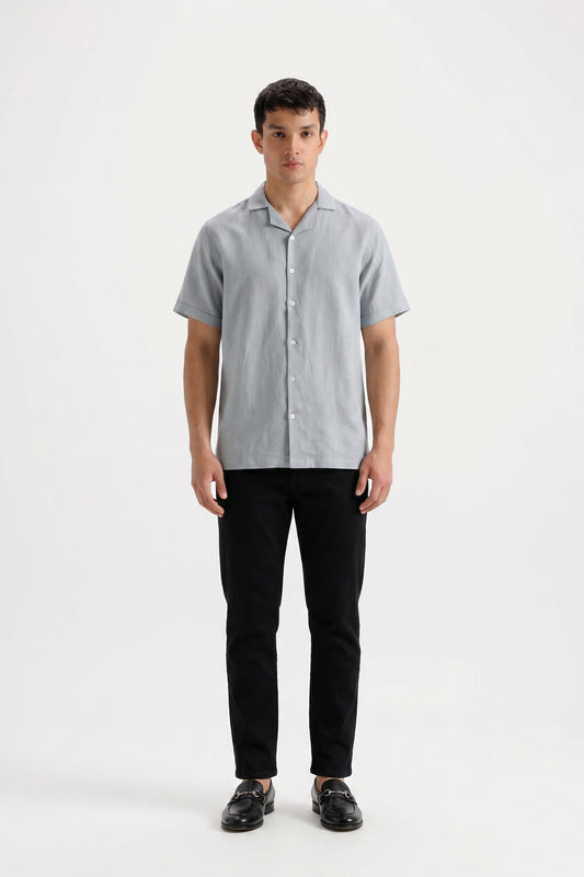 GREY IRISH LINEN CUBAN COLLAR SHIRT