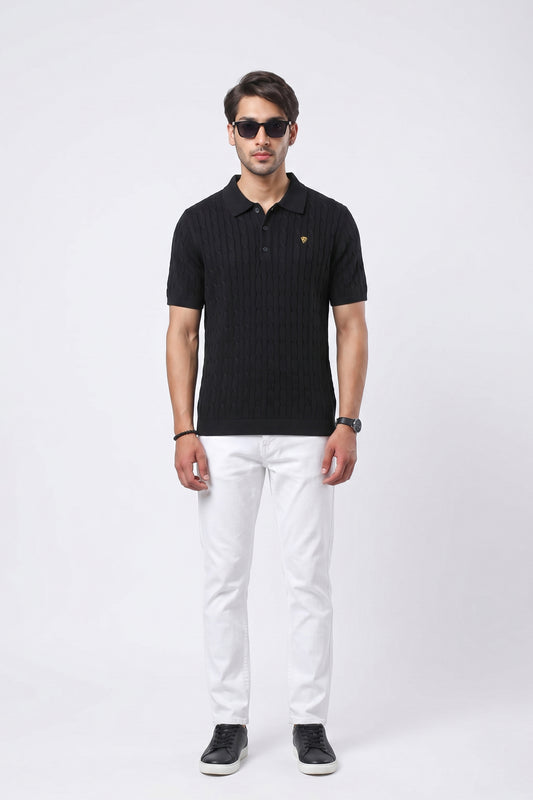 BLACK CABLE KNIT POLO