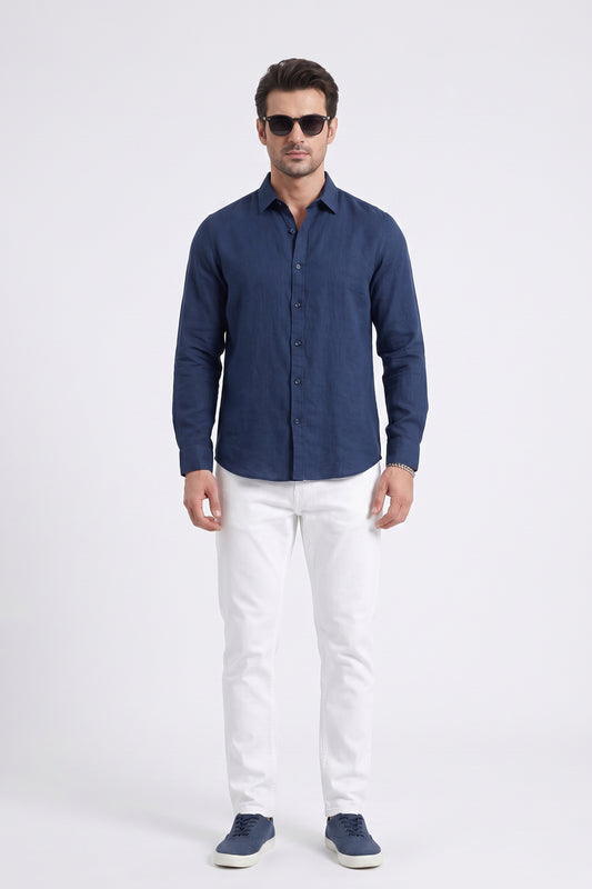 NAVY BLUE IRISH LINEN BUTTON DOWN SHIRT