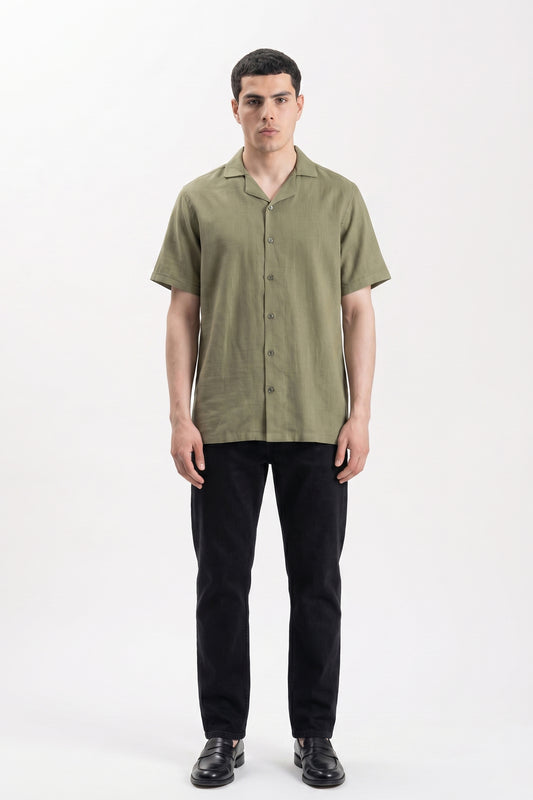 OLIVE IRISH LINEN CUBAN COLLAR SHIRT