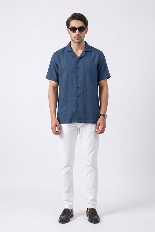 DENIM BLUE IRISH LINEN CUBAN COLLAR SHIRT