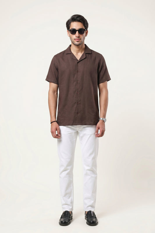 CHOCOLATE BROWN IRISH LINEN CUBAN COLLAR SHIRT