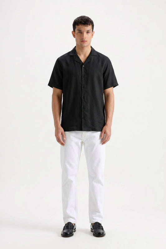 BLACK IRISH LINEN CUBAN COLLAR SHIRT
