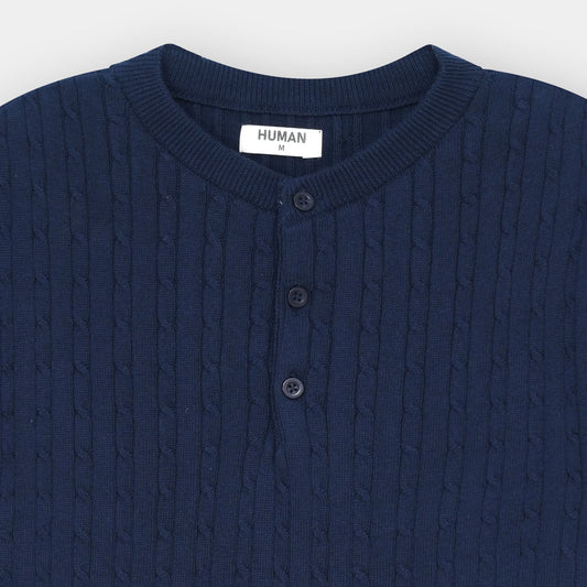 NAVY BLUE HENLEY CABLE KNIT TEE