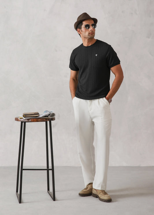 BLACK DROP NEEDLE TEXTURED KNIT TEE