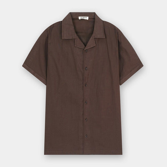 CHOCOLATE BROWN IRISH LINEN CUBAN COLLAR SHIRT