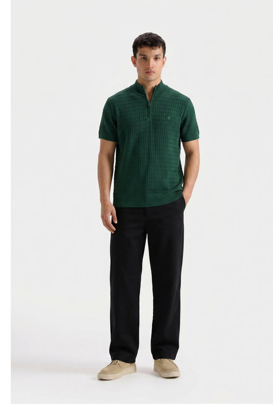 DARK GREEN MOCK NECK CABLE KNIT TEE