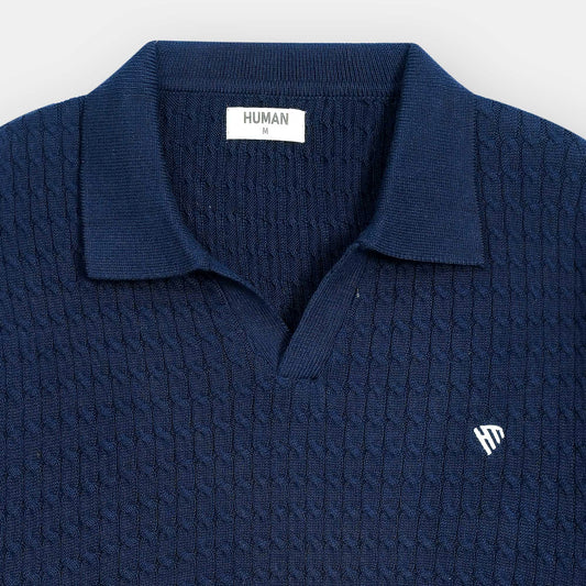 NAVY CABLE KNIT TEXTURE JOHNNY COLLAR POLO