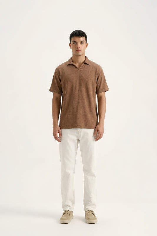 BROWN JOHNNY COLLAR TEXTURE POLO
