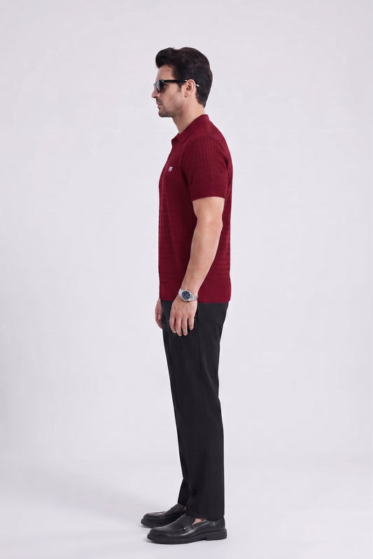 MAROON CABLE KNIT TEXTURE JOHNNY COLLAR POLO